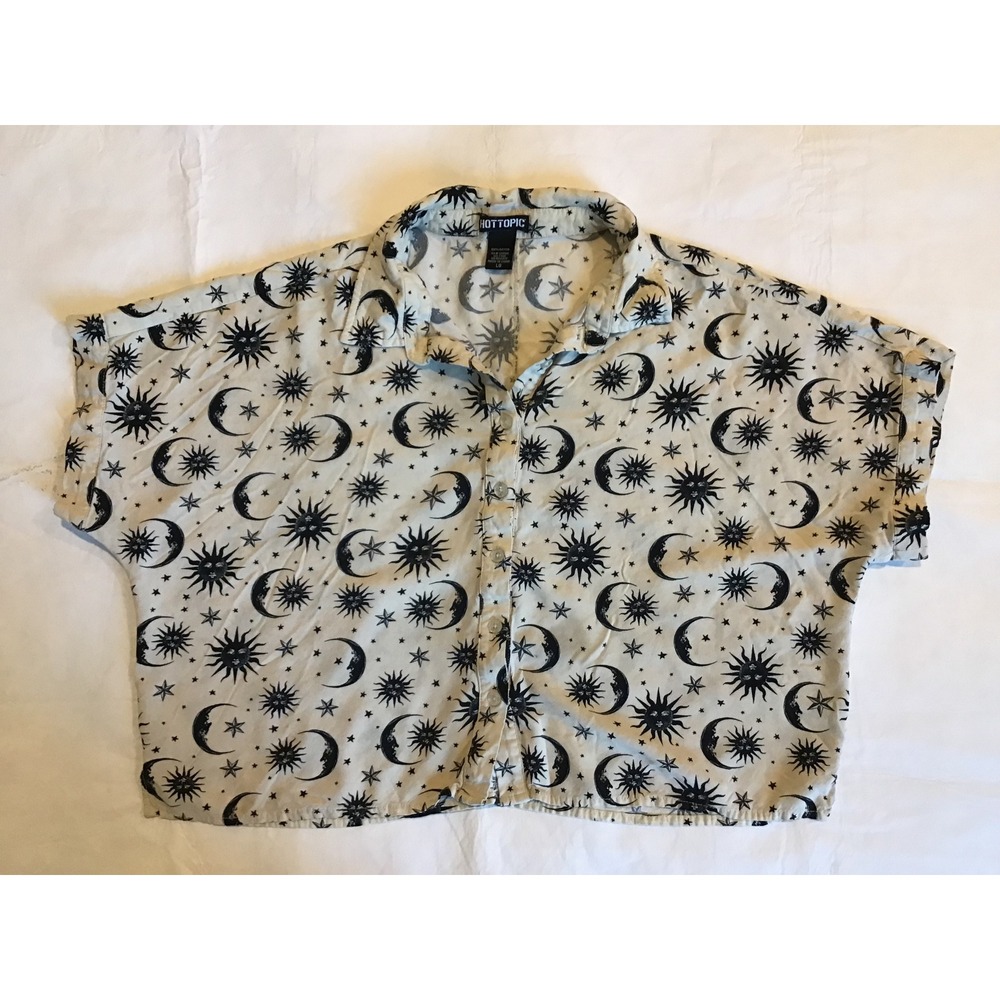 Hot Topic Celestial Sun Moon Star Print Button Down Crop Top White Black Large